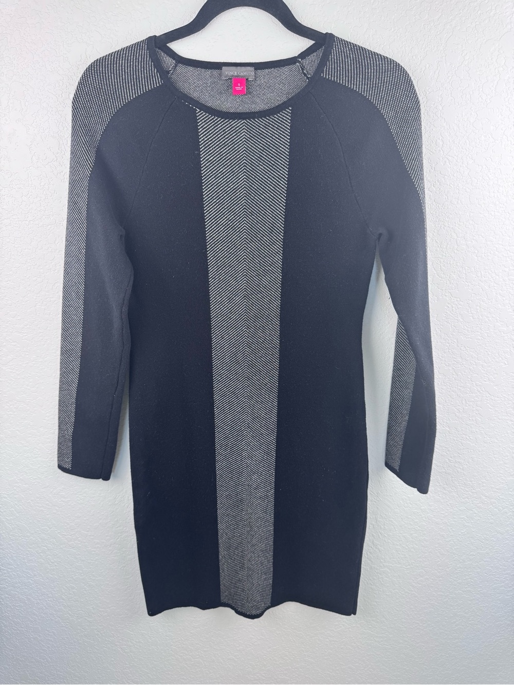 Vince Camuto Cotton Blend Black and Gray Patterned Knit Sweater Dress